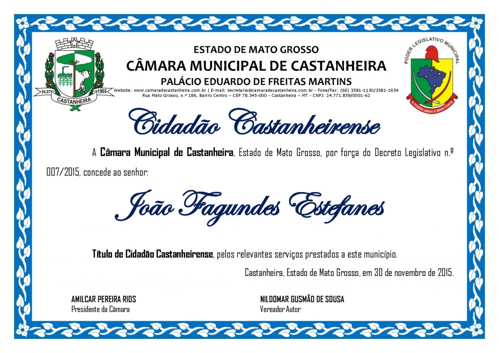Título de Cidadão - JOÃO FAGUNDES ESTEFANES
