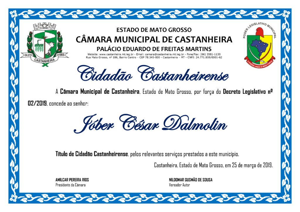 Título de Cidadão ao Srº JÓBER CÉSAR DALMOLIN
