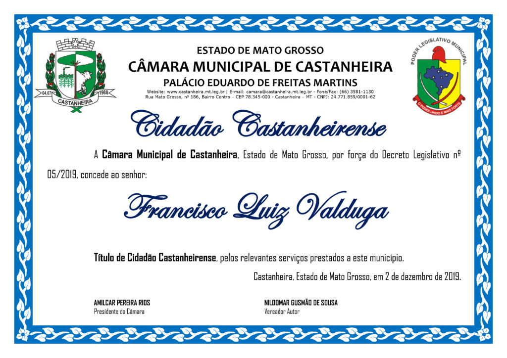 Título de Cidadão ao Srº FRANCISCO LUIZ VALDUGA